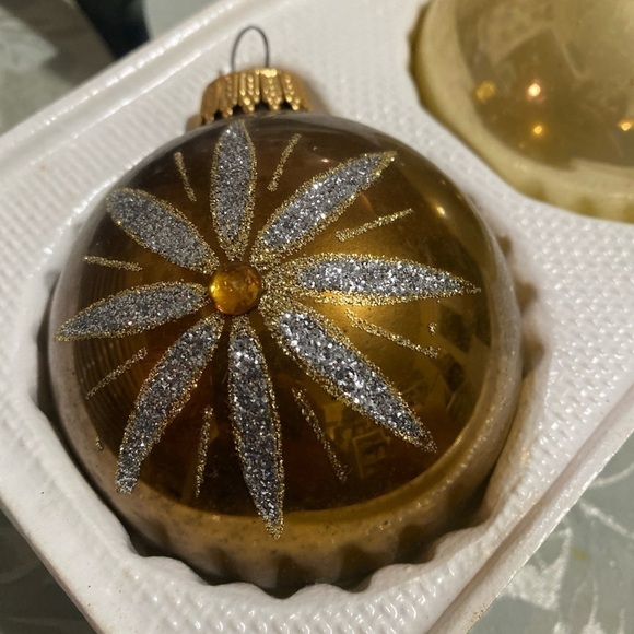 2 Glass Ball Christmas Ornament - Gold Ball With Rhinestones & Glitter W.Germany - Picture 2 of 6